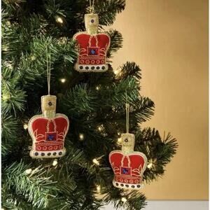 Marks & Spencer Ornament Velvet Beaded British Royal Crown Christmas 3 Pc NWT